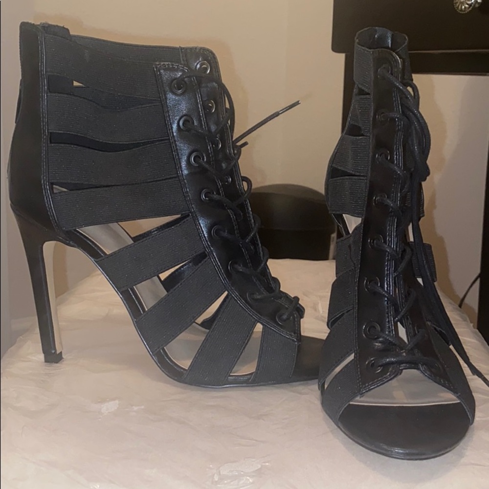 Black Open Toe Lace Up Heels